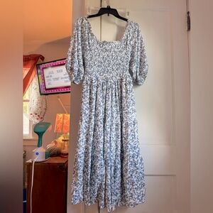 Torrid Midi Gauze Off-Shoulder White and Blue Floral Peasant Dress, Size 0